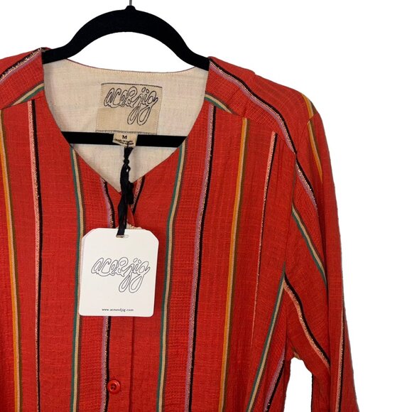 Ace & Jig Orangish Red Metallic Striped Belted V-Neck Dress - Size M - NWT - Picture 1 of 5